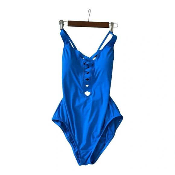 NWT Bleu by Rod Beattie One Piece Lapis Blue Basket Strappy Swimsuit Women 12 - Picture 1 of 11